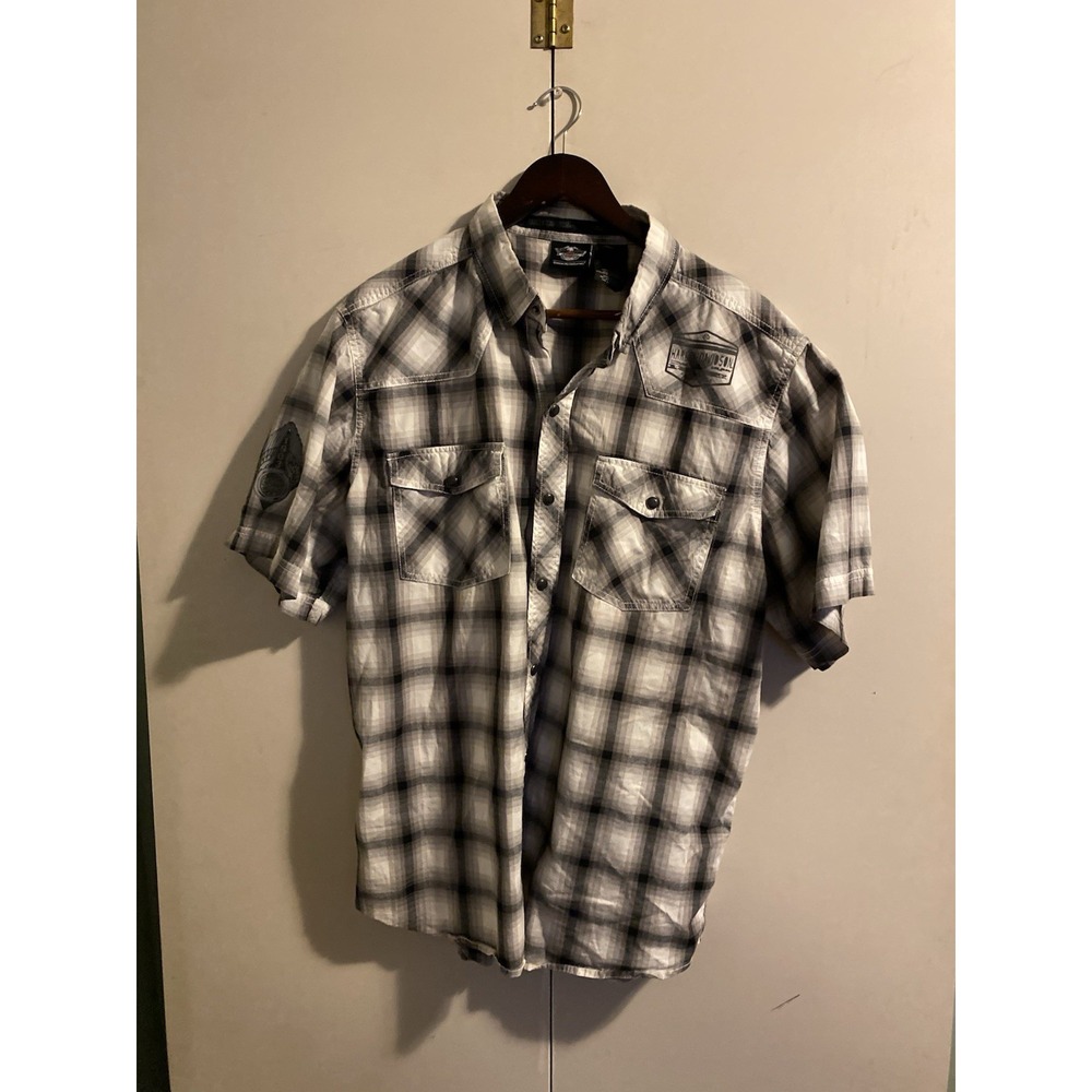 Harley Davidson Plaid Shirt Mens XL Black White Good Biker Short Sleeve Snap